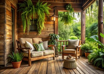 Fototapeta premium Cozy wooden porch of a rustic home featuring a solitary armchair adorned with plush cushions, surrounded by lush greenery and natural wood accents.