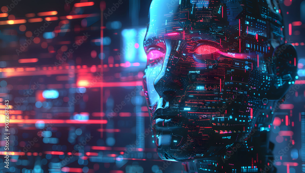 Poster a digital illustration of an ai robot head with glowing data streams in the background. the cybernet