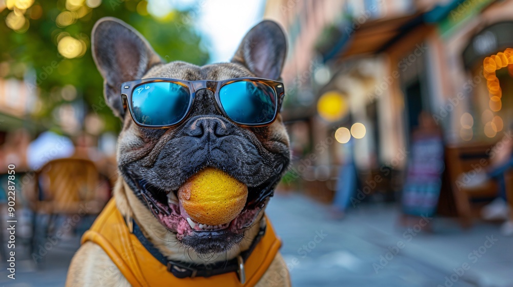 Aufkleber smiling dog wearing a bright orange leather jacket and stylish sunglasses jumping energetically with