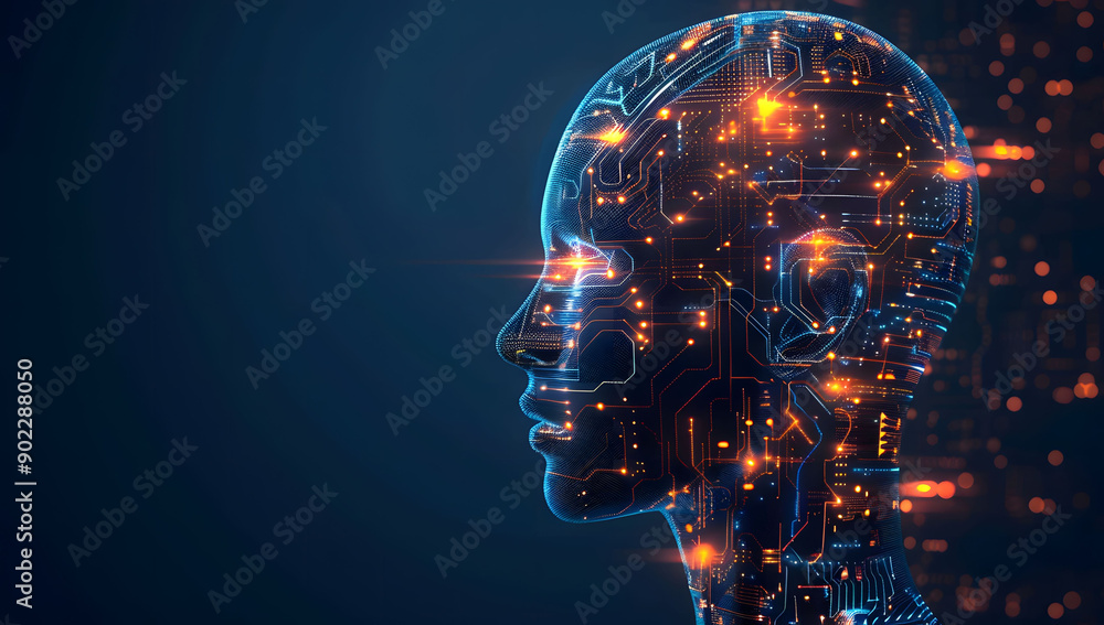 Poster a digital illustration of an ai robot head with glowing data streams in the background. the cybernet