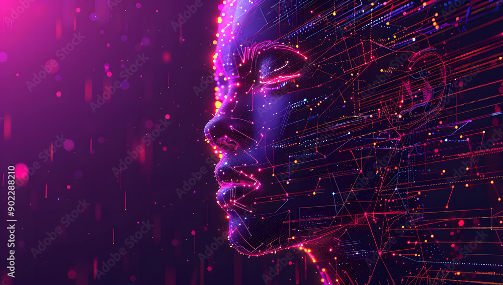 Poster a digital illustration of an ai robot head with glowing data streams in the background. the cybernet