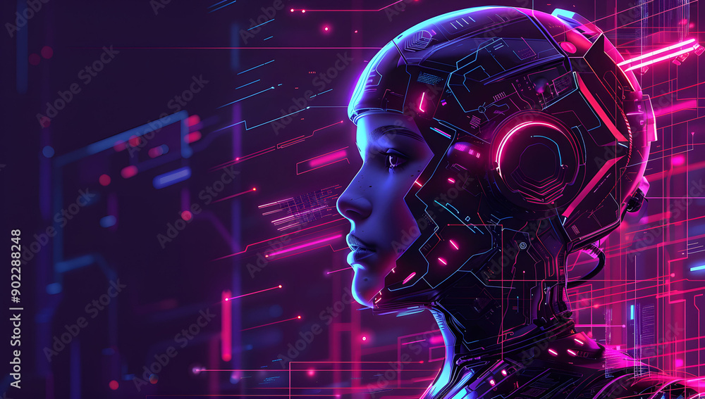 Poster a digital illustration of an ai robot head with glowing data streams in the background. the cybernet