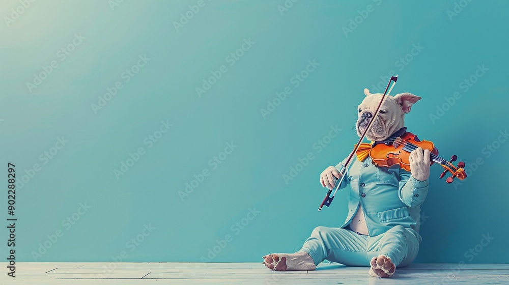 Poster energetic dog jumping high in a bright turquoise leather suit playing a violin with colorful leather