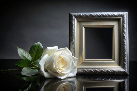 Elegant white roses wrapped with satin ribbon adorn a classic photo frame on a mysterious black background, conveying solemnity and reverence for a departed loved one.