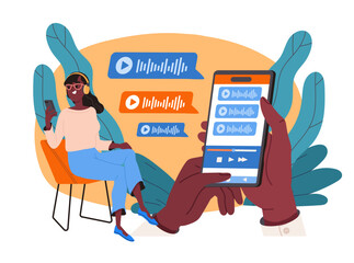 Woman listens to podcast. Young girl with smartphone with headphones listen radio show, broadcast or podcast. Entertainment, fun and leisure. Flat vector illustration isolated on white background