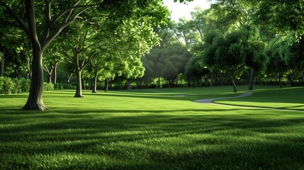 Obraz premium A green grass field in a park, with a few scattered trees providing shade, and a clear pathway winding through the area.