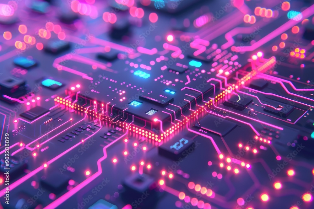 Poster futuristic neural network circuit board with glowing components in modern lab