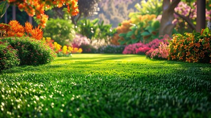A green grass field in a park, surrounded by a variety of colorful flowers and plants, creating a beautiful, natural scene.