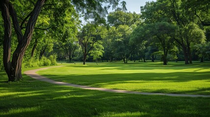 A green grass field in a park, with a few scattered trees providing shade, and a clear pathway winding through the area.