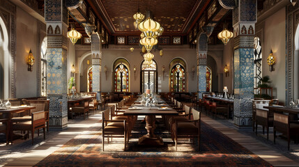 Fototapeta premium Luxurious restaurant interior with ornate chandeliers and traditional decor.