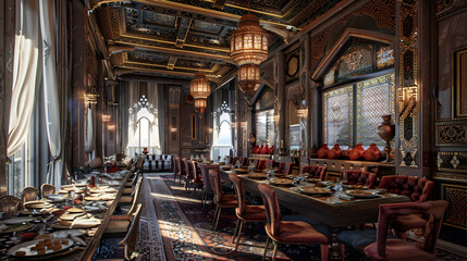 Luxurious dining room with ornate details and a grand table setting.