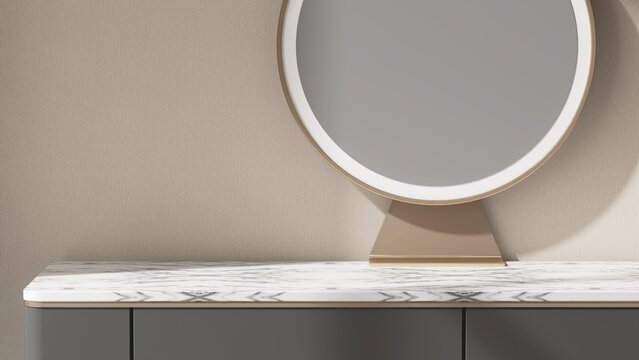 Modern gray dressing table with white marble top, gold frame round vanity mirror with LED light in sunlight on beige wallpaper wall bedroom for luxury beauty, cosmetic, skincare product background 3D