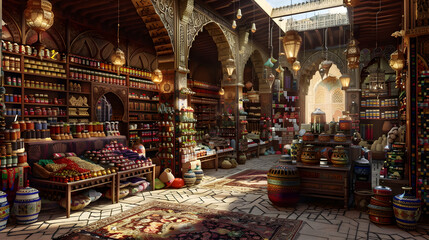 Fototapeta premium A vibrant and bustling Middle Eastern market filled with colorful spices, lanterns, and intricate pottery.