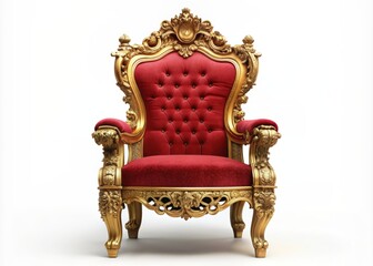 Ornate intricately carved gilded wood throne chair adorned with golden accents, red velvet upholstery, and lavish details, set against a transparent background, exuding opulence and regality.