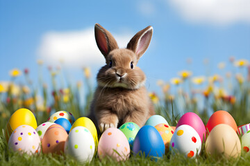 Cheerful Easter Bunny Enjoying the Easter Egg Hunt in a Sunny Meadow