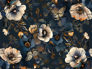 a vibrant display of floral and butterfly patterns set against a dark background