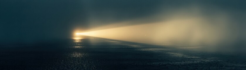 A serene view of a lighthouse beam cutting through fog, illuminating the dark sea with a warm glow.