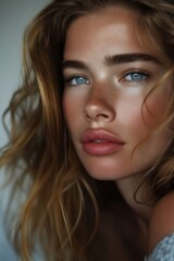 Obraz premium A woman with freckles on her face and blue eyes