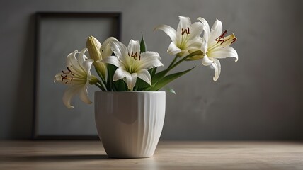 Graceful white lilies in a contemporary vase, offering a touch of sophistication and tranquility to any setting. Perfect for use in home décor, floral arrangements, and artistic displays