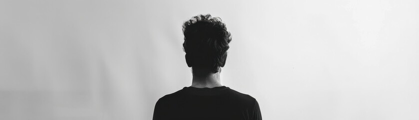 A solitary figure in a black shirt, viewed from behind against a minimalistic background, evoking contemplation and introspection.