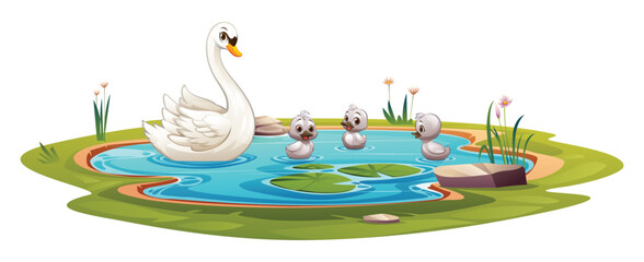 Mother swan with baby swans swimming in a pond. Vector cartoon illustration © YG Studio