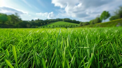 Obraz premium A green grass field in a public park, with a small hill in the background, providing a perfect spot for relaxation.