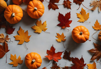 A serene autumn scene featuring several pumpkins scattered surrounded by vibrant orange and yellow leaves. Creating a warm, seasonal atmosphere. Halloween concept.