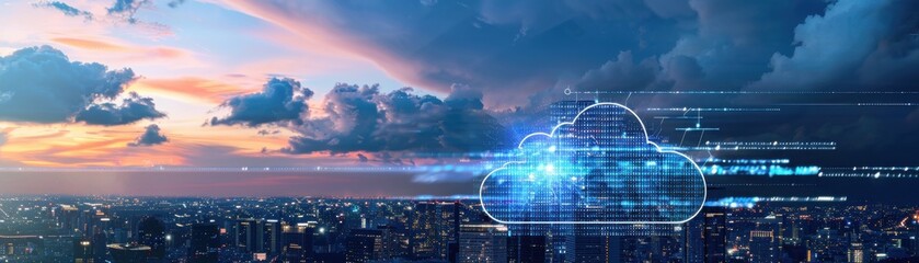 A stunning digital representation of cloud computing, showcasing technology and innovation over a beautiful city skyline.
