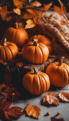 A serene autumn scene featuring several pumpkins scattered surrounded by vibrant orange and yellow leaves. Creating a warm, seasonal atmosphere. Halloween concept.