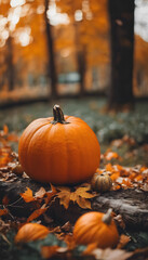 A serene autumn scene featuring several pumpkins scattered surrounded by vibrant orange and yellow leaves. Creating a warm, seasonal atmosphere. Halloween concept.