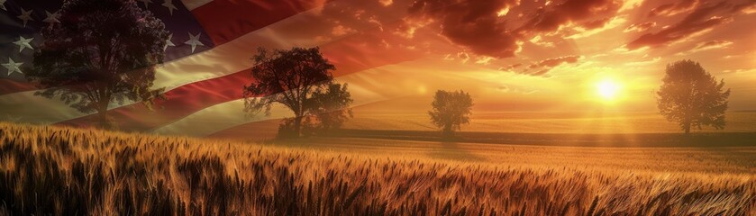 Fototapeta premium A stunning sunset over a wheat field, enhanced by a soft glow and vibrant colors, symbolizing peace and patriotism.
