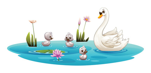 Mother swan with baby swans swimming in a pond with flowers and lily pads. Vector cartoon illustration