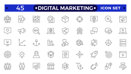 Digital marketing icons set. Content, search, marketing, ecommerce, seo, electronic devices, internet, analysis, social  outline icon set.