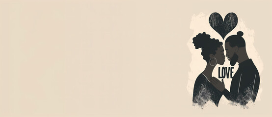 Silhouette of an african american couple hugging with a heart and the word love. Empty space for text or ideas. Copy space.