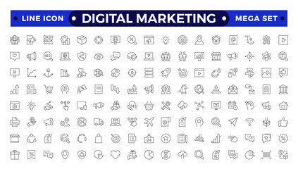 Digital marketing icons set. Content, search, marketing, ecommerce, seo, electronic devices, internet, analysis, social  outline icon set.