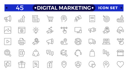 Digital marketing icons set. Content, search, marketing, ecommerce, seo, electronic devices, internet, analysis, social  outline icon set.