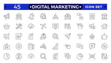 Digital marketing icons set. Content, search, marketing, ecommerce, seo, electronic devices, internet, analysis, social  outline icon set.