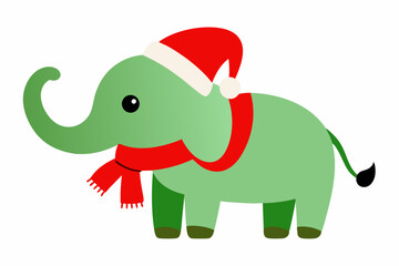 Christmas Elephant with Santa Claus Hat and Scarf on White Background