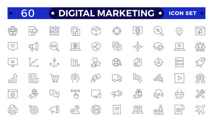 Digital marketing icons set. Content, search, marketing, ecommerce, seo, electronic devices, internet, analysis, social  outline icon set.