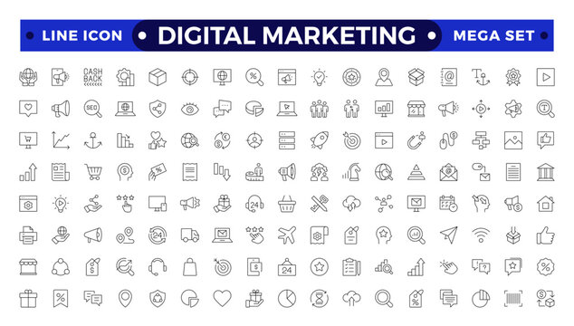 Digital marketing icons set. Content, search, marketing, ecommerce, seo, electronic devices, internet, analysis, social  outline icon set.