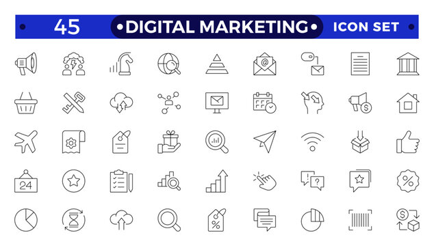 Digital marketing icons set. Content, search, marketing, ecommerce, seo, electronic devices, internet, analysis, social  outline icon set.