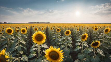 Obraz premium sunflower field swaying gently in a summer breeze, with a wide-angle lens capturing the vast expanse of the field and the sky above