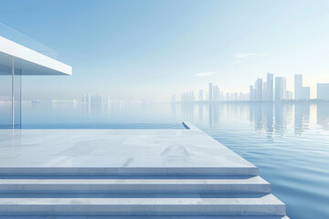 Modern buildings by the lake. The modern urban skyline is in the background.