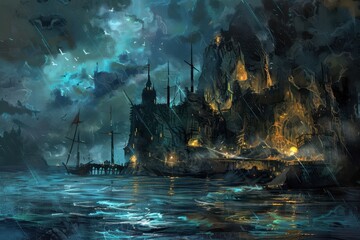 Fototapeta premium Ancient castle on a stormy night with ships at the dock