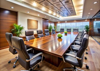 Professional boardroom setting with modern furniture and sleek interior design, awaiting key players, perfect for illustration of important business meeting or corporate event.