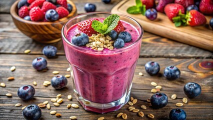 Freshly blended berry smoothie with oatmeal and ice cream swirled together in a glass, garnished with fresh mixed berries and a sprinkle of oats.