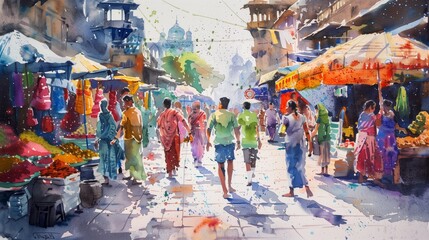 A lively watercolor painting capturing the bustling energy of a colorful market street filled with people, vendors, and vibrant stalls.