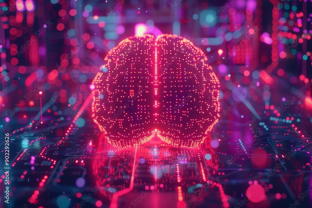 Poster futuristic brain model with neon circuitry in high tech digital display