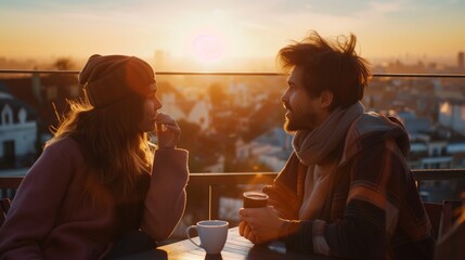 A couple enjoying warm coffee on a rooftop terrace at sunset, engaged in deep conversation with a cityscape in the background. - Powered by Adobe