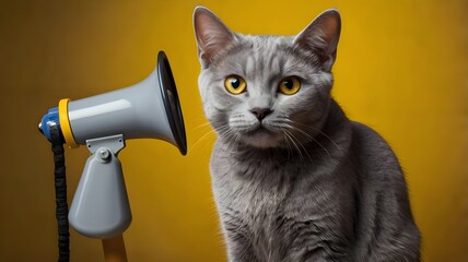Fototapeta premium Grey cat with wide eyes holding a megaphone against a vibrant yellow background. Fun and energetic image suitable for announcements and promotions